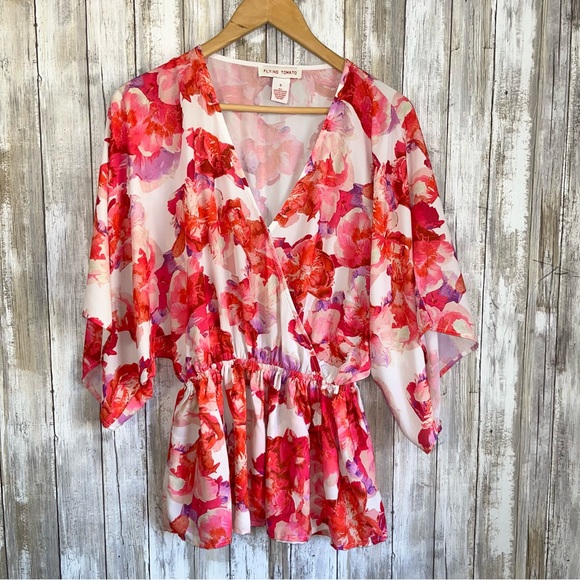 Flying Tomato Lipstick Floral Chiffon Kimono Sleeve Pink, Orange Blouse - Picture 2 of 7